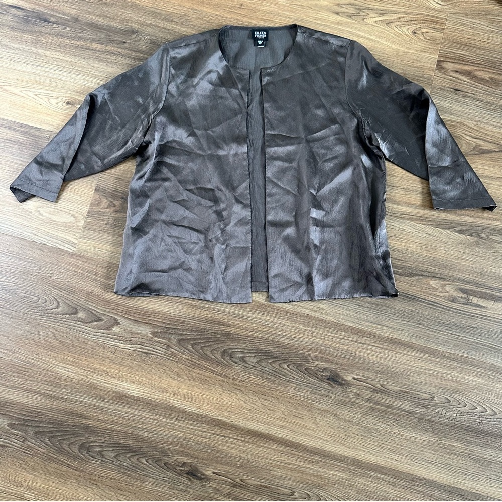 Eileen Fisher 100% Silk‎ Open Front Cardigan Brown Metallic Sheen Petite Small